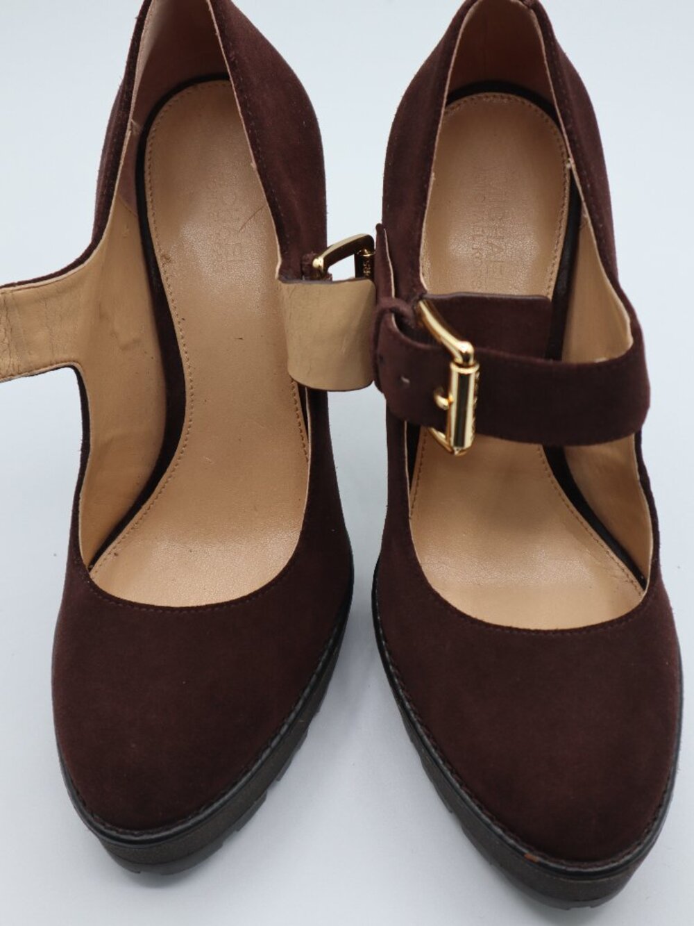 Michael Kors Choco Brown Suede Leather 4.5" Platform Pump Buckle Shoes 6M
